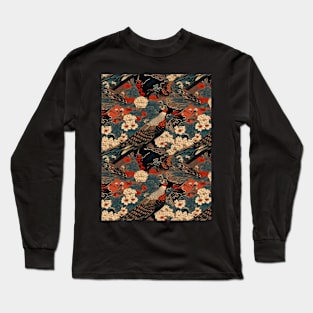 Elegant Traditional Japanese Art - Cherry Blossoms and Cranes Design Long Sleeve T-Shirt